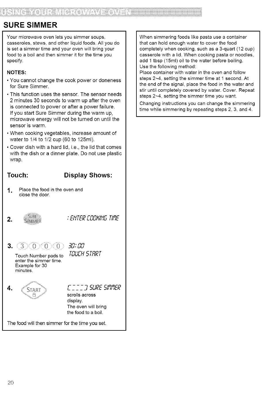 Sure simmer, Notes, Touch | Display shows, Touch: display shows | Kenmore ULTRA WAVE 721.80889 User Manual | Page 20 / 35