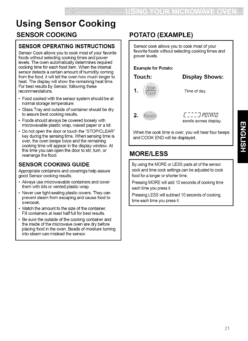 Sensor cooking, Sensor operating instructions, Sensor cooking guide | Potato (example), More/less, Using sensor cooking | Kenmore ULTRA WAVE 721.80889 User Manual | Page 21 / 35