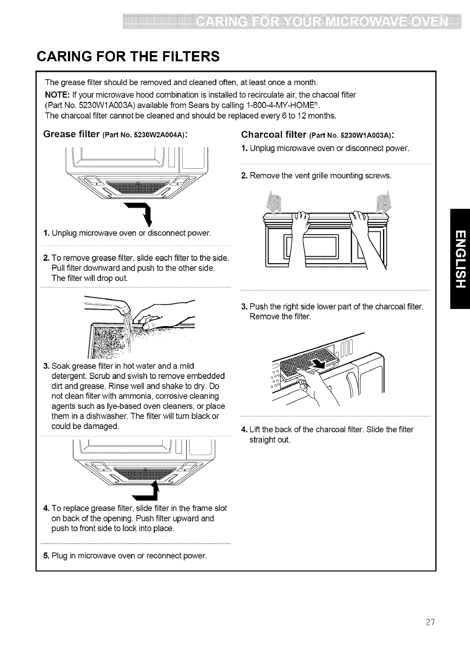 7|u i, I i i 1, Caring for the filters | Kenmore ULTRA WAVE 721.80889 User Manual | Page 27 / 35