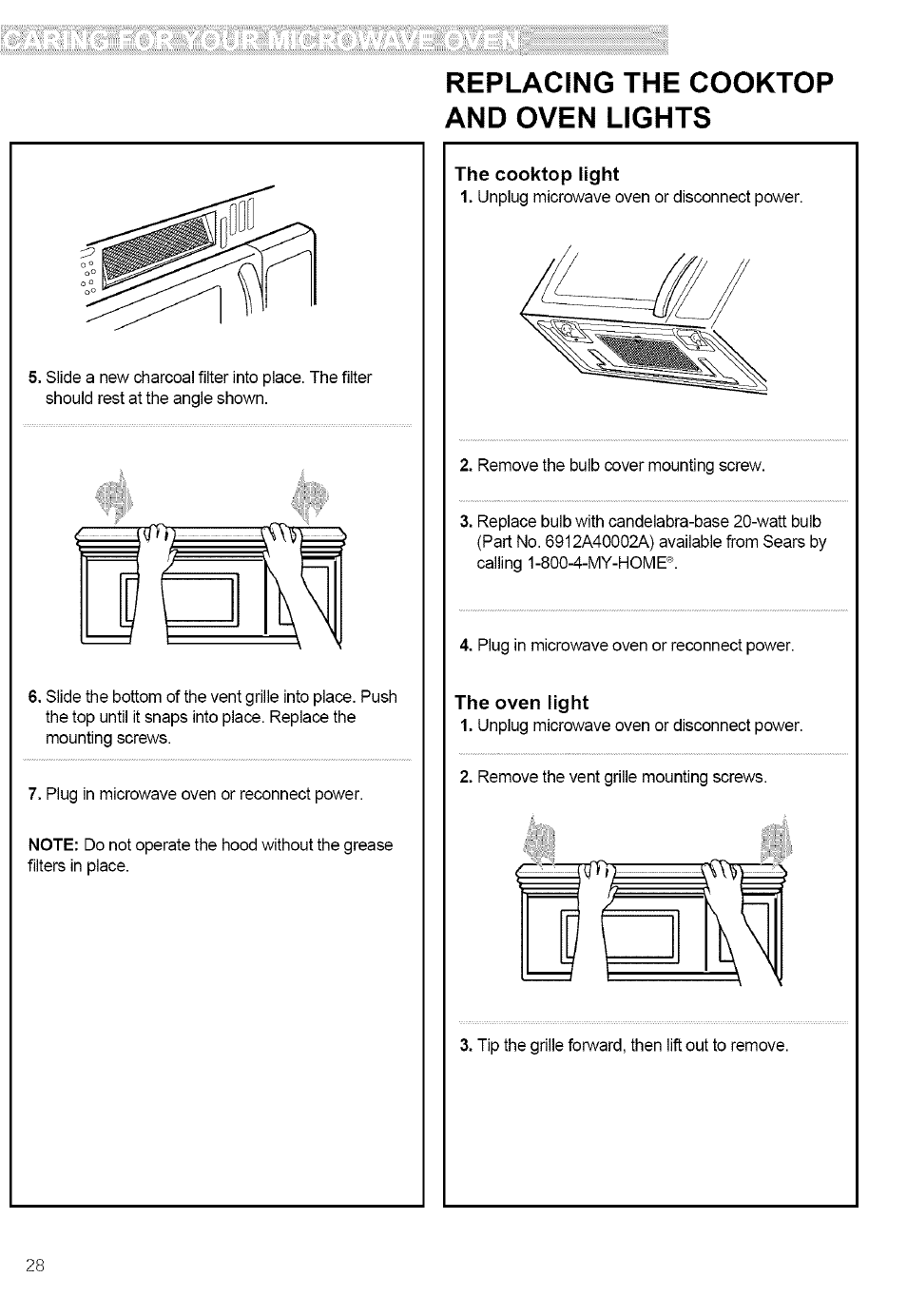 Replacing the cooktop and oven lights | Kenmore ULTRA WAVE 721.80889 User Manual | Page 28 / 35