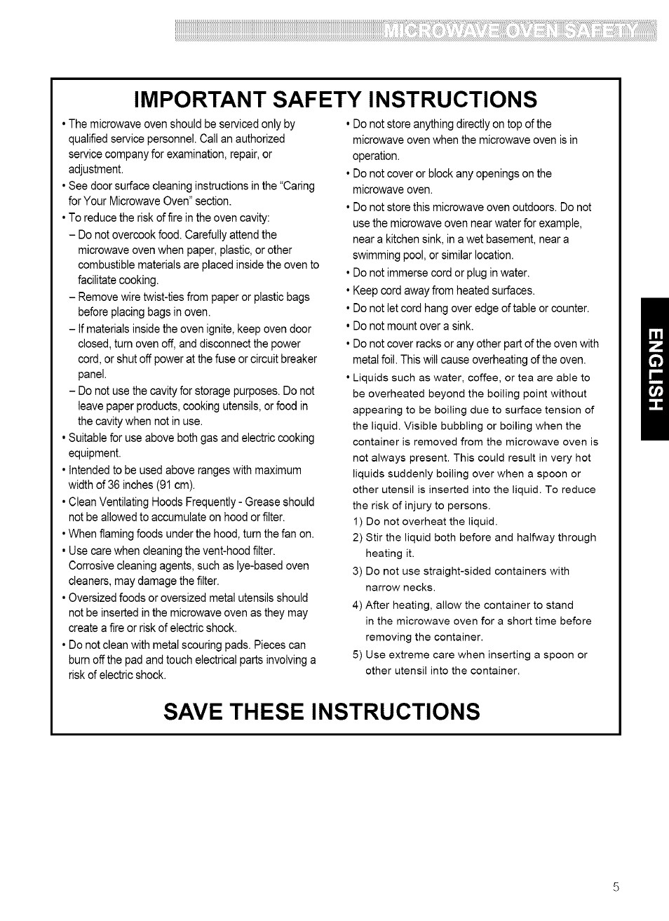 Important safety instructions, Save these instructions | Kenmore ULTRA WAVE 721.80889 User Manual | Page 5 / 35