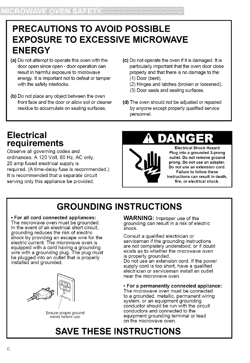 For all cord connected appliances, For a permanently connected appliance, Danger | Electrical requirements, Grounding instructions, Save these instructions | Kenmore ULTRA WAVE 721.80889 User Manual | Page 6 / 35