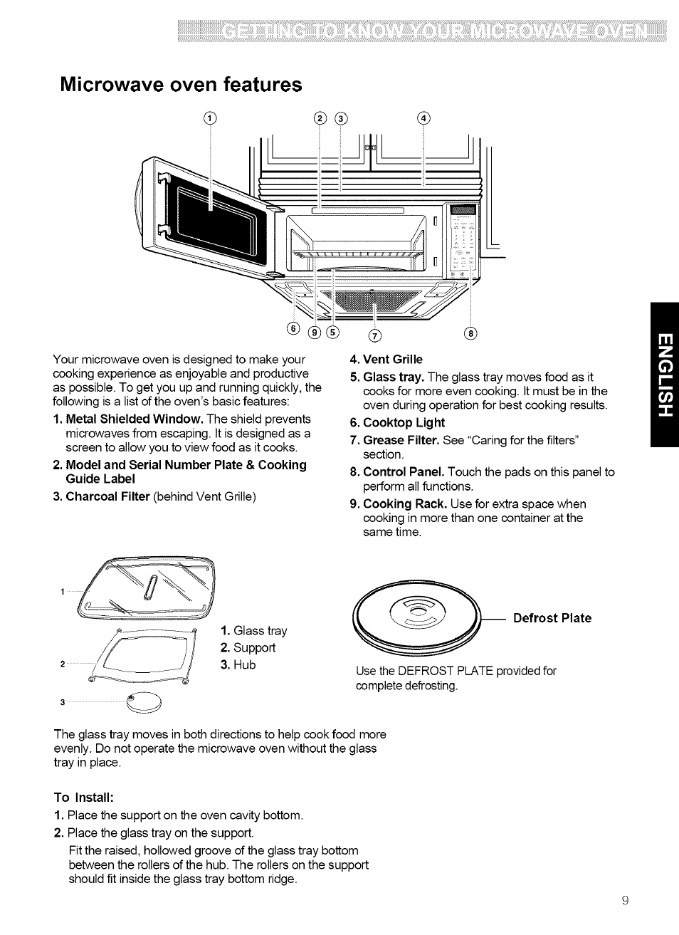 Vent grille, Cooktop light, To install | Microwave oven features | Kenmore ULTRA WAVE 721.80889 User Manual | Page 9 / 35