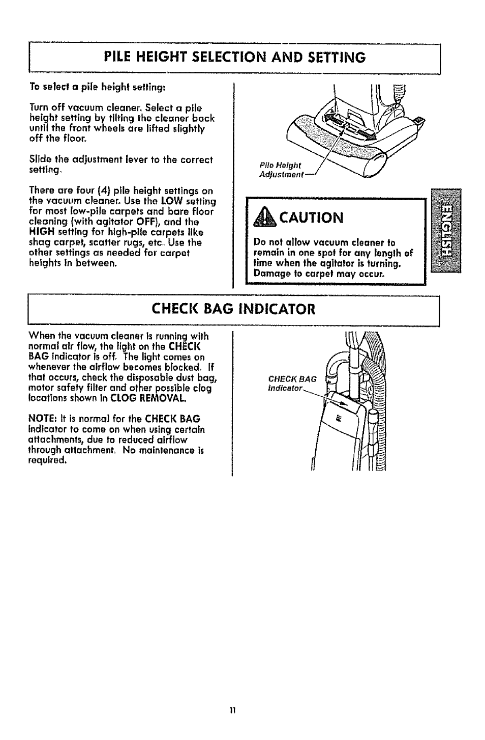 Pile height selection and setting, Caution | Kenmore 1T6.31100 User Manual | Page 11 / 44