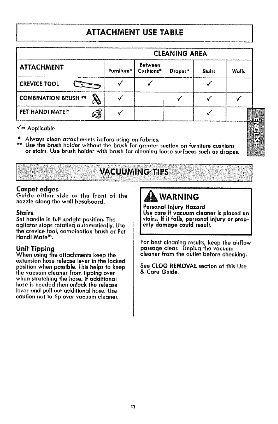 Attachment use table | Kenmore 1T6.31100 User Manual | Page 13 / 44