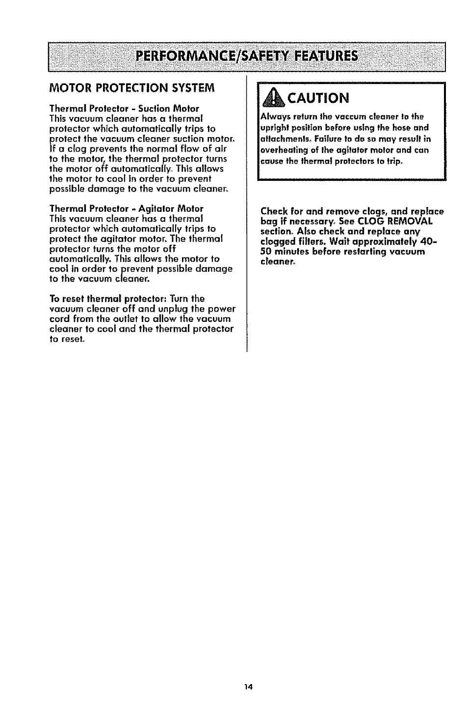 Performance/safety features, Caution | Kenmore 1T6.31100 User Manual | Page 14 / 44