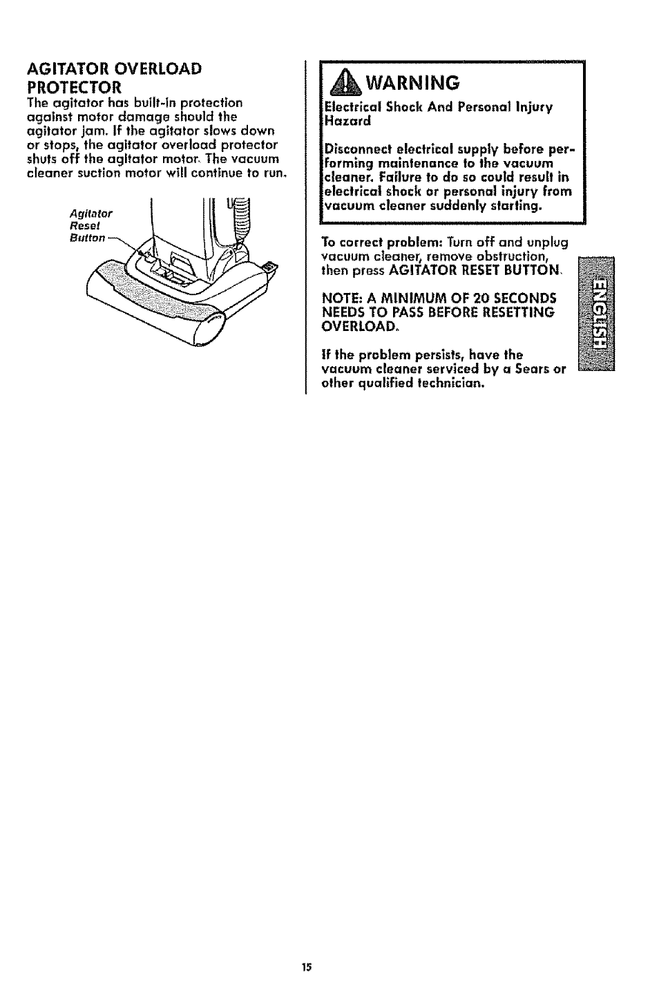 Ik warning, Agitator overload protector | Kenmore 1T6.31100 User Manual | Page 15 / 44