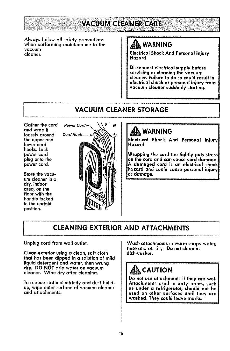 Vacuum cleaner storage, Vacuum cleaner care, A warning | Warning, Caution | Kenmore 1T6.31100 User Manual | Page 16 / 44