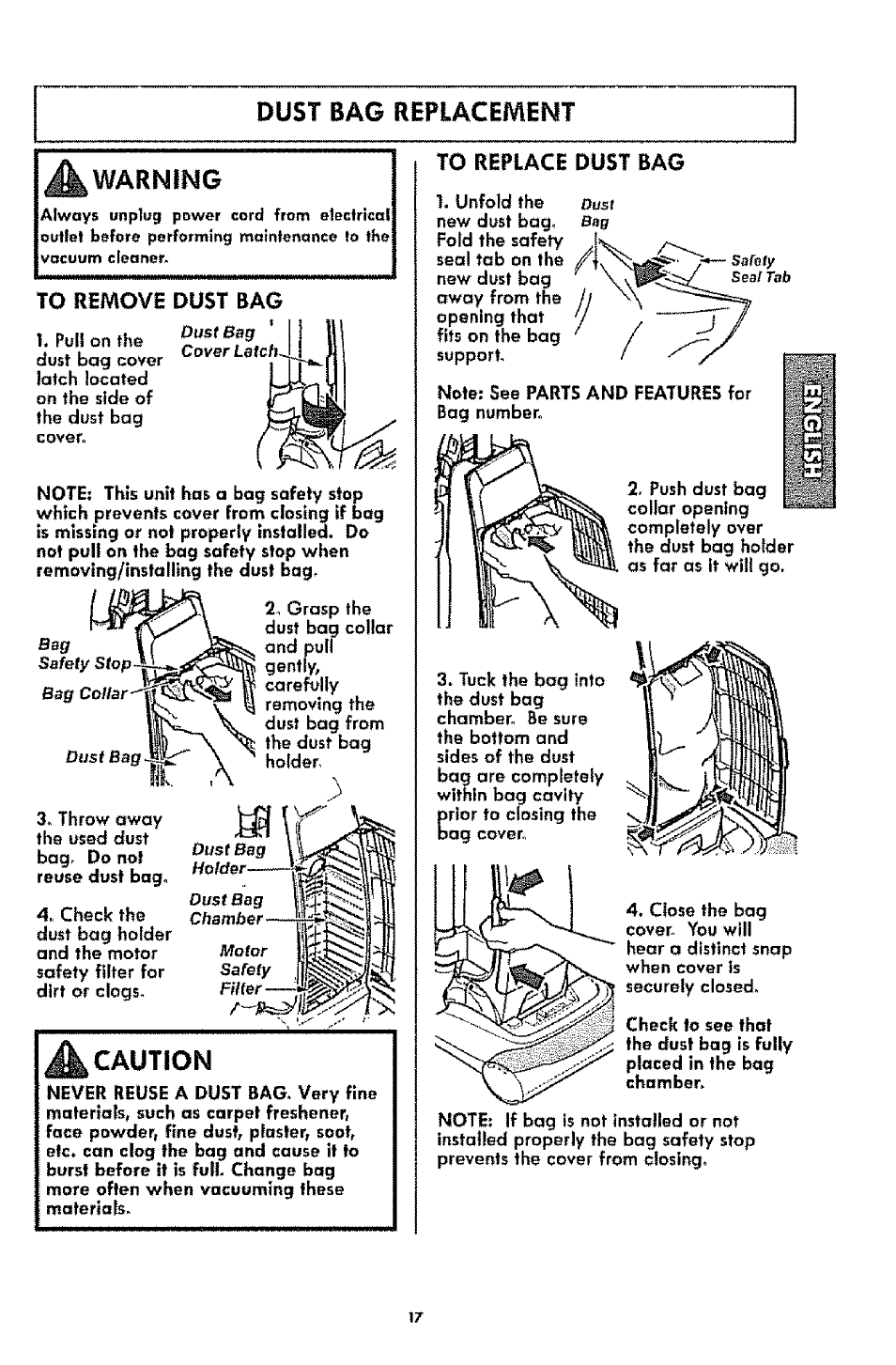 Dust bag repiacemint, A warning, To remove dust bag | A caution, To replace dust bag, Dust bag repiacemint a warning, Caution | Kenmore 1T6.31100 User Manual | Page 17 / 44