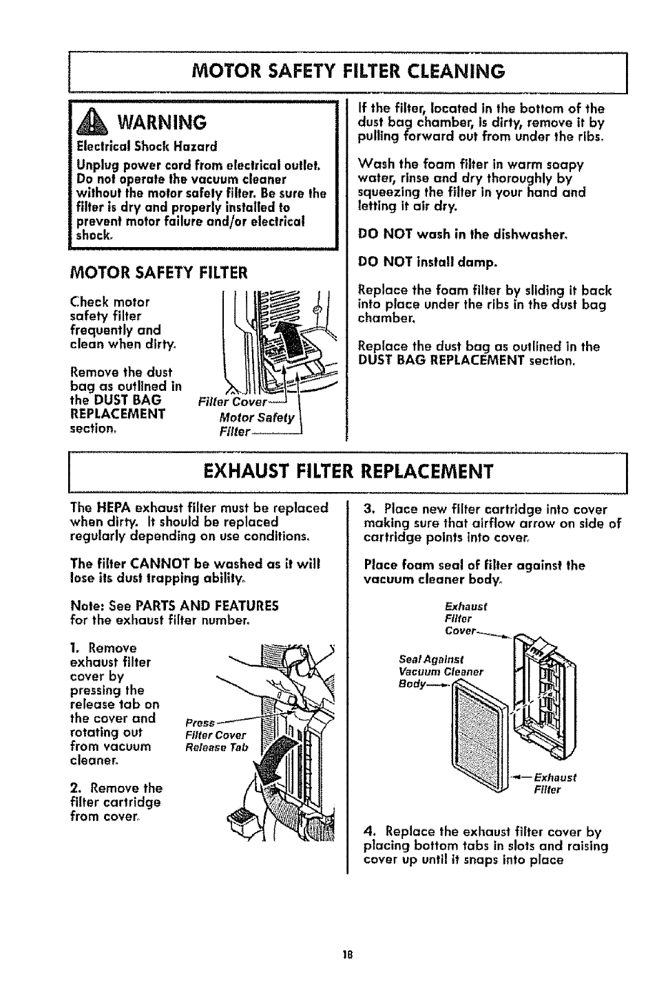 Exhaust filter replacement, Warning, Motor safety filter | Kenmore 1T6.31100 User Manual | Page 18 / 44