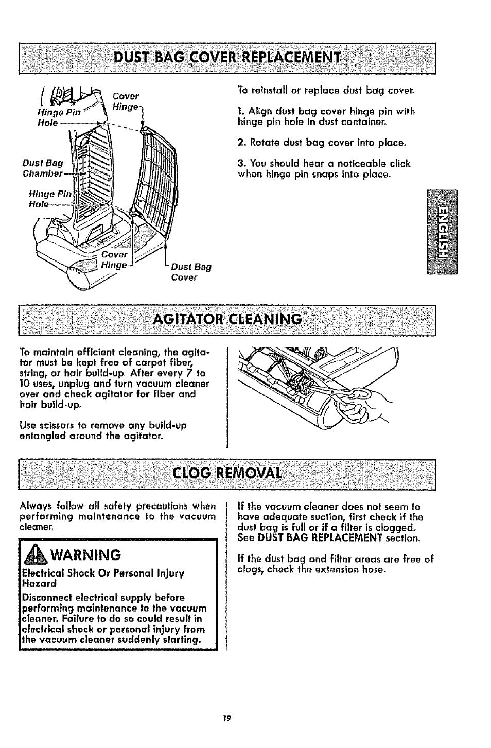 Dust bag cover replacement, Agitator cleaning, Clog removal | Kenmore 1T6.31100 User Manual | Page 19 / 44