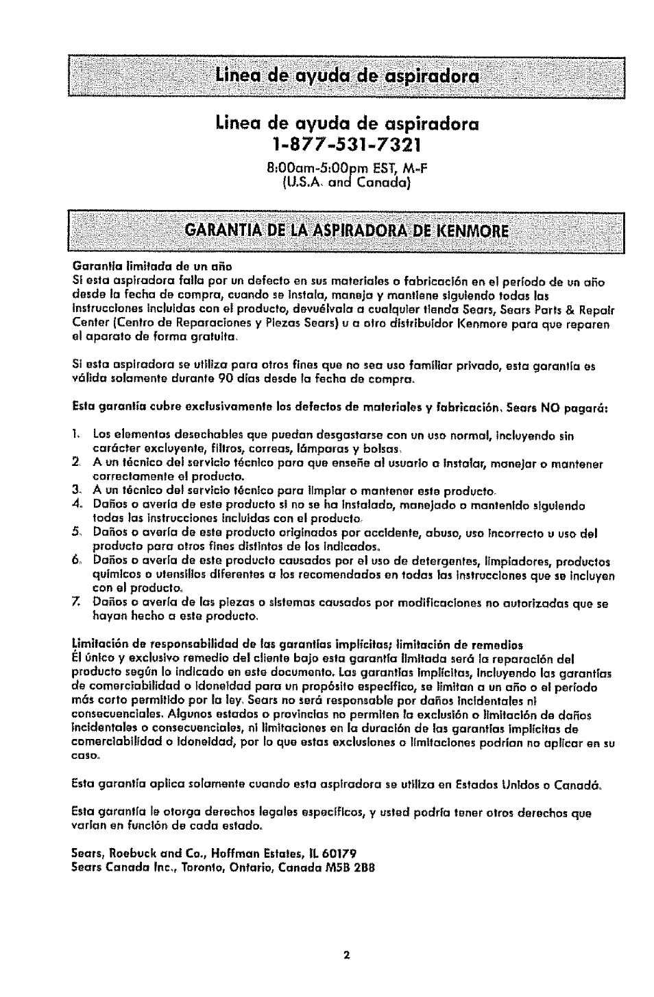 Linea de ayuda de ospiradora 1-877-531-7321, Linea de ayuda de ospiradora, Garantia de la aspiradora de kenmore | Kenmore 1T6.31100 User Manual | Page 24 / 44