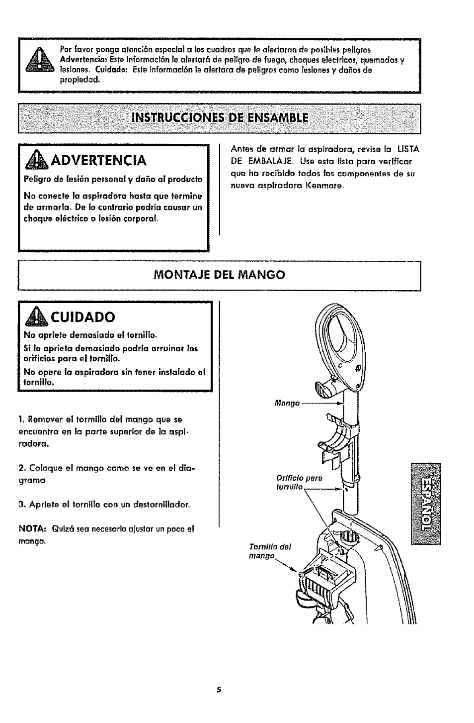 Advertencia, Instrucciones de ensamble ^ advertencia, Montaje del mango | Cuidado | Kenmore 1T6.31100 User Manual | Page 27 / 44