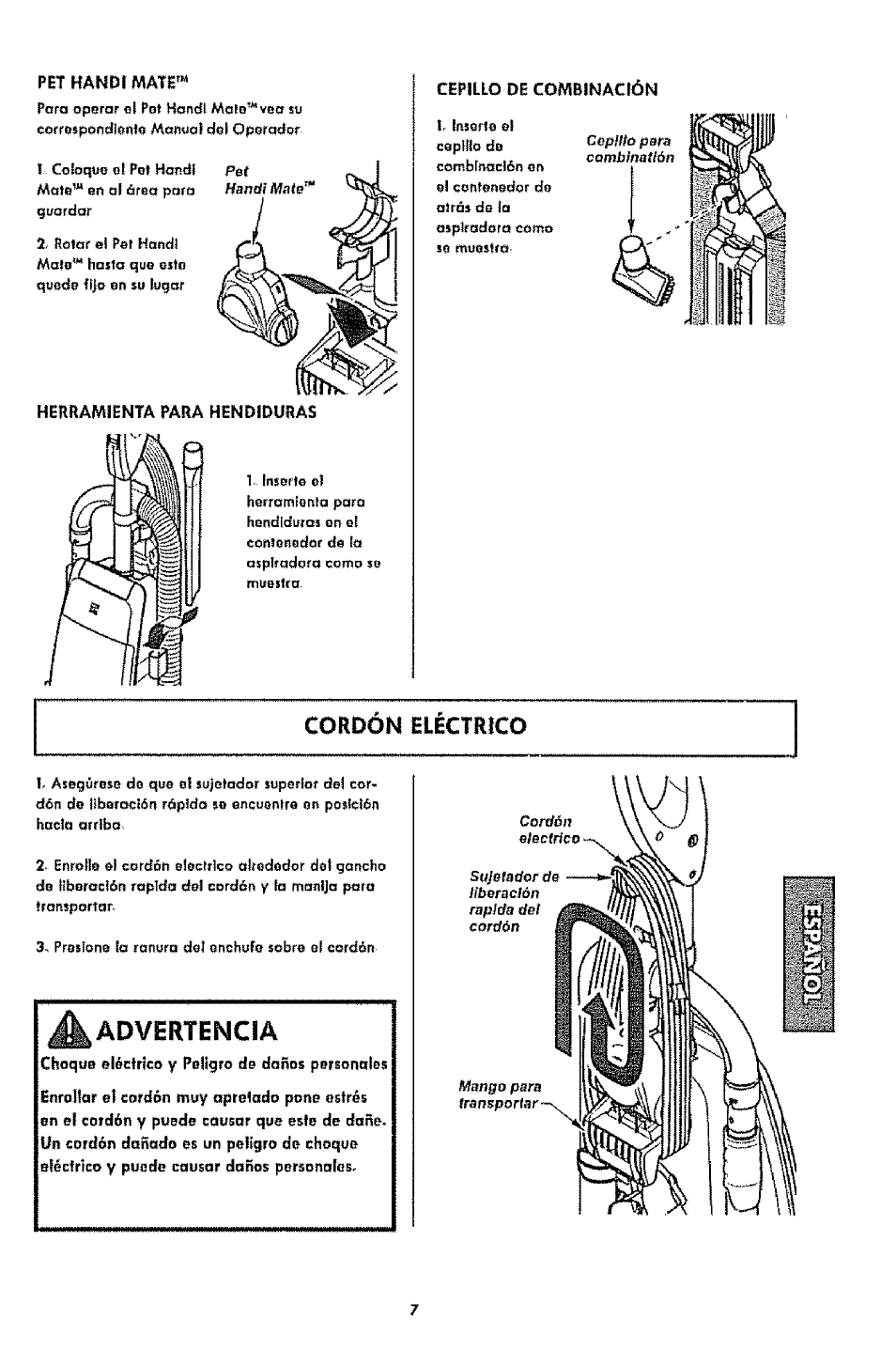 Advertenoa, Cordon electrico, Wand/afíííe | Handr | Kenmore 1T6.31100 User Manual | Page 29 / 44