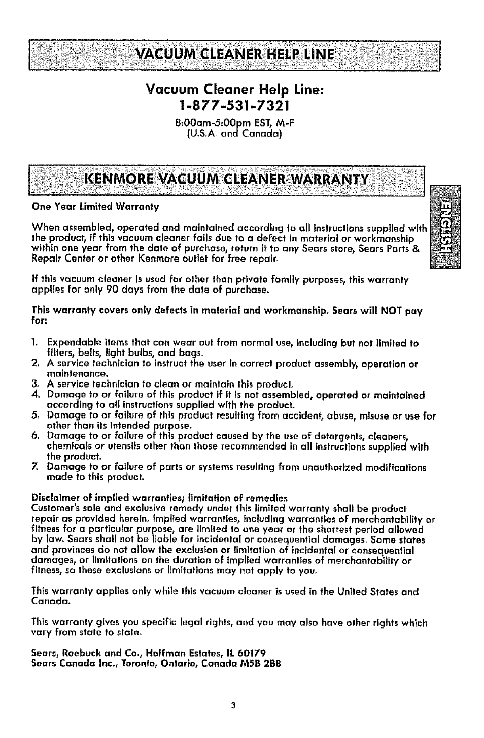 Vacuum cleaner help line, Vacuum cleaner help line: 1-877-531-7321, Vacuum cleaner help tine | Kenmore 1T6.31100 User Manual | Page 3 / 44