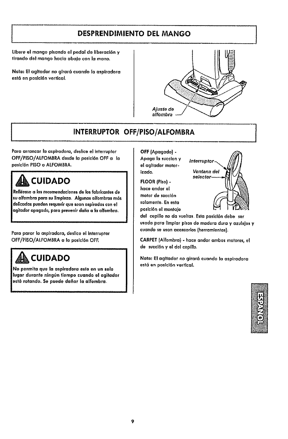 Desprendimiento del mango, Interruptor off/piso/alfombra, Cuidado | Kenmore 1T6.31100 User Manual | Page 31 / 44