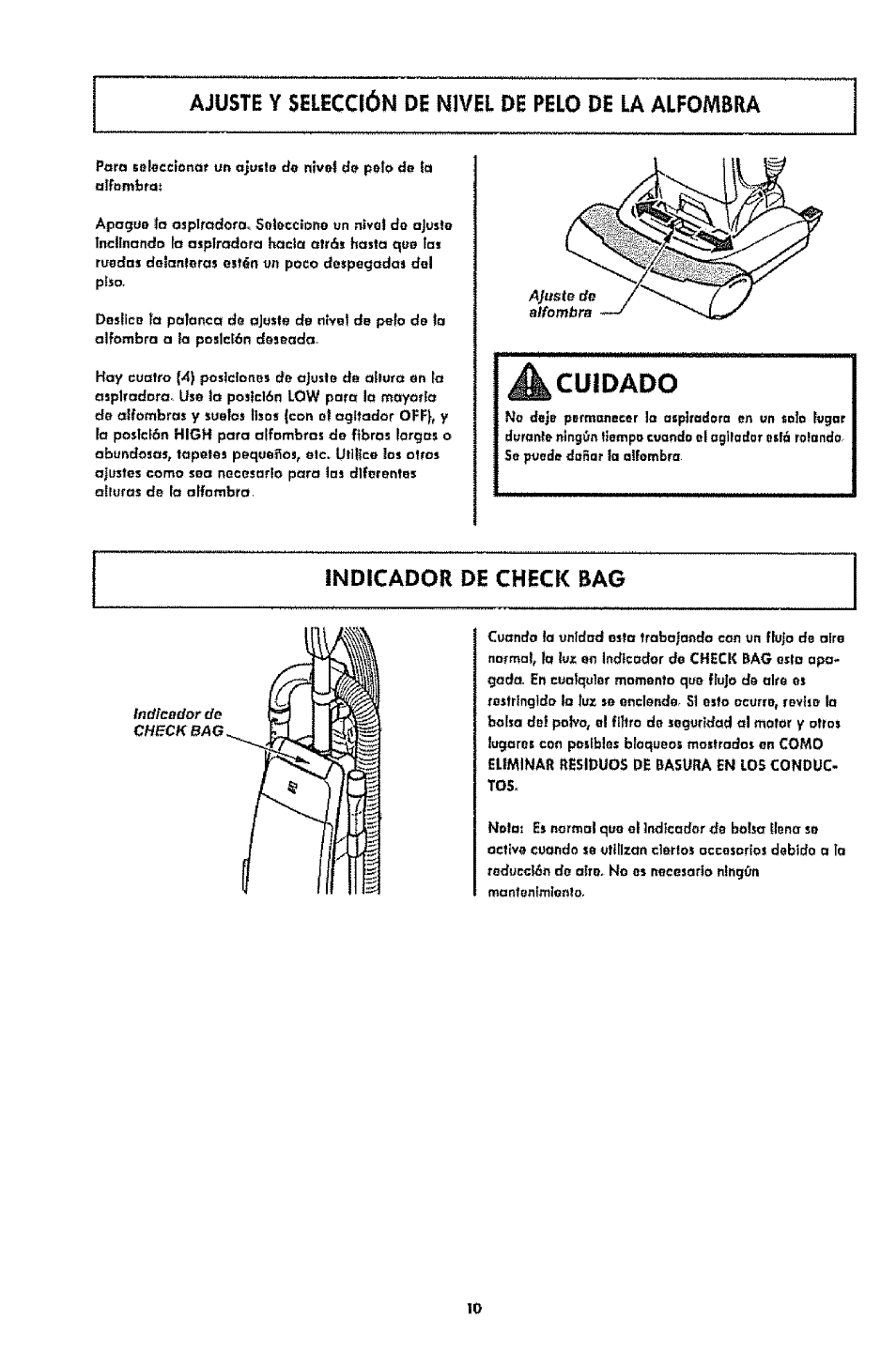 Ajuste y selección de nivel de pelo de la alfombra, Cuidado, Indicador de check bag | Alfomlirat | Kenmore 1T6.31100 User Manual | Page 32 / 44