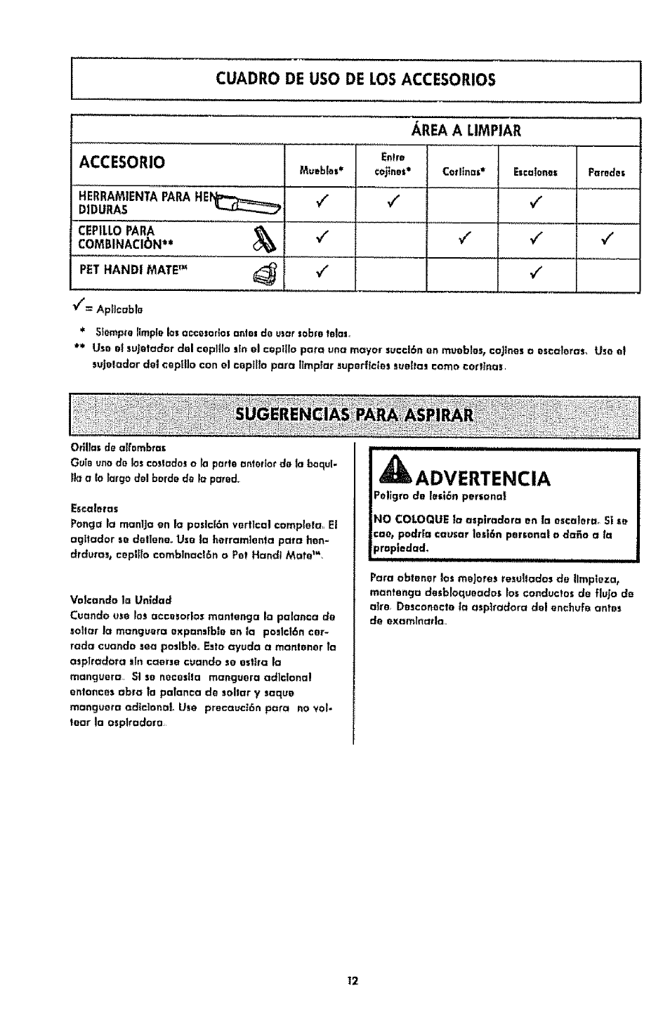 Advertencia, Sugerencias para aspirar, Cuadro de uso de los accesorios | Kenmore 1T6.31100 User Manual | Page 34 / 44