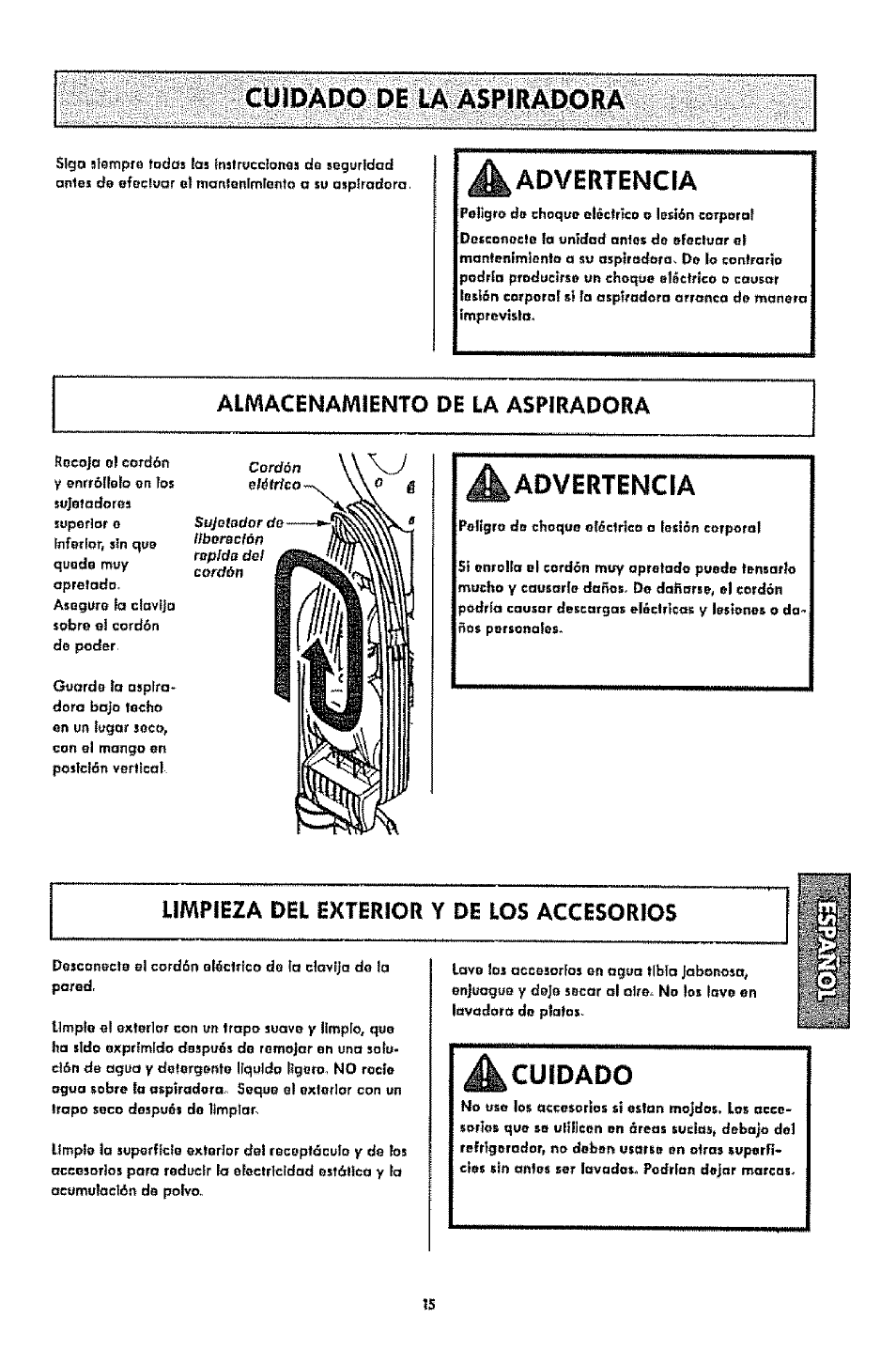 Advertencia, Cuidado, Cuidado de la aspiradora | Almacenamiento de la aspiradora, Limpieza del exterior y de los accesorios | Kenmore 1T6.31100 User Manual | Page 37 / 44