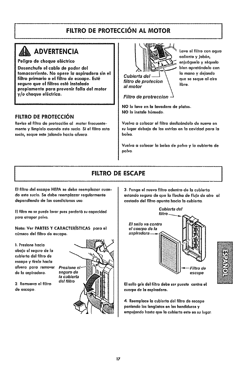 Jà advertencia, Filtro de protección al motor jà advertencia, Filtro de escape | Kenmore 1T6.31100 User Manual | Page 39 / 44