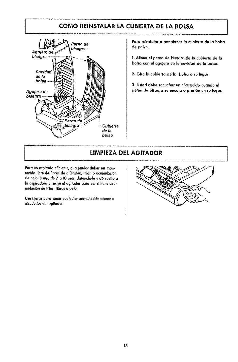 Como reinstalar la cubierta de la bolsa, Limpieza del agitador | Kenmore 1T6.31100 User Manual | Page 40 / 44