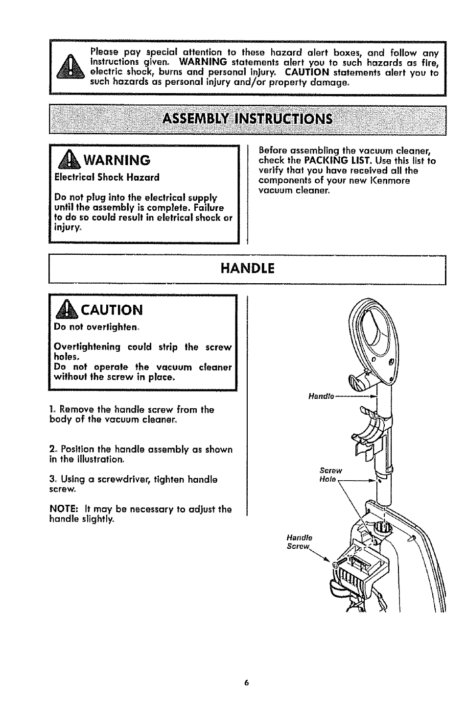 Assembly instructions, A warning, Handle | A caution | Kenmore 1T6.31100 User Manual | Page 6 / 44