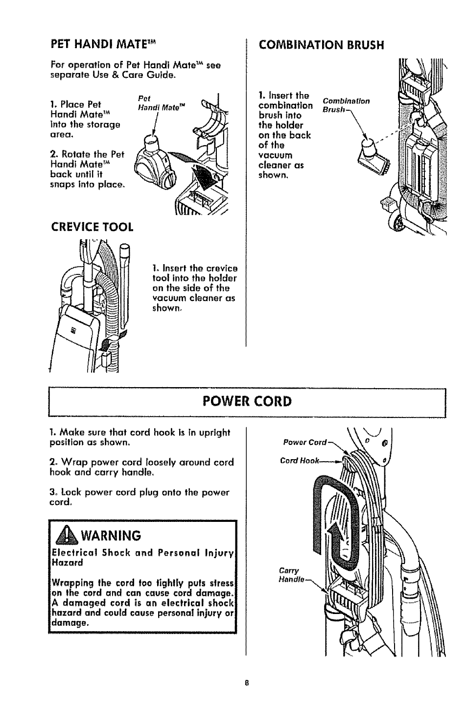 Pet hanoi mate, Crevice tool, Combination brush | Power cord, Warning | Kenmore 1T6.31100 User Manual | Page 8 / 44