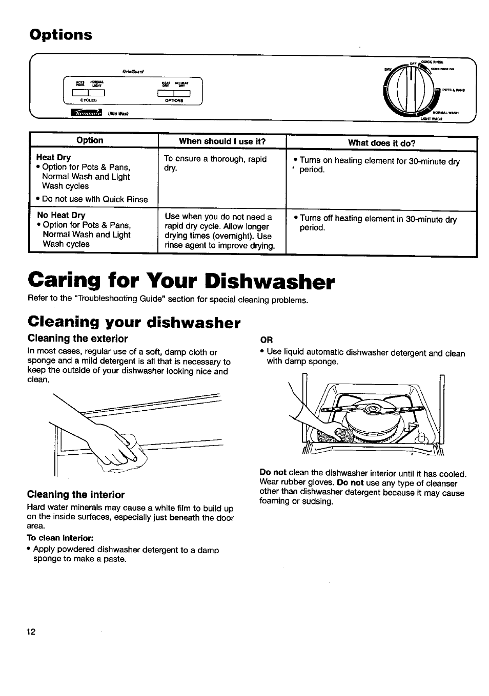 Options, Caring for your dishwasher, Cleaning your dishwasher | Cleaning the exterior, Cleaning the interior, Before using your dishwasher | Kenmore 15592 User Manual | Page 13 / 22