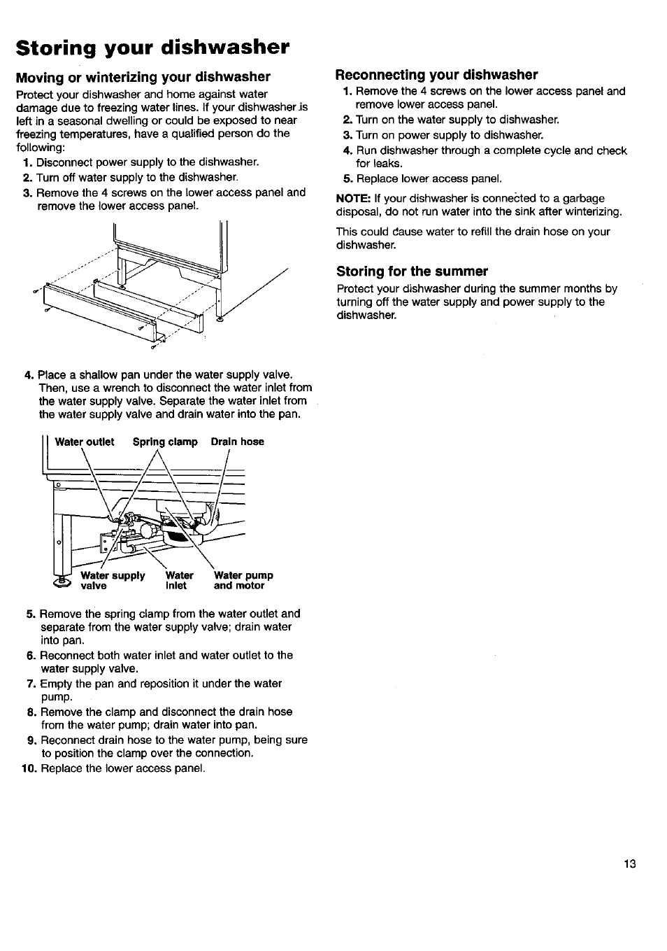 Storing your dishwasher, Moving or winterizing your dishwasher, Reconnecting your dishwasher | Storing for the summer | Kenmore 15592 User Manual | Page 14 / 22