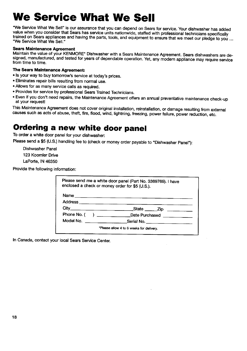 We service what we sell, Ordering a new white door panel, We service what we seil | Kenmore 15592 User Manual | Page 19 / 22