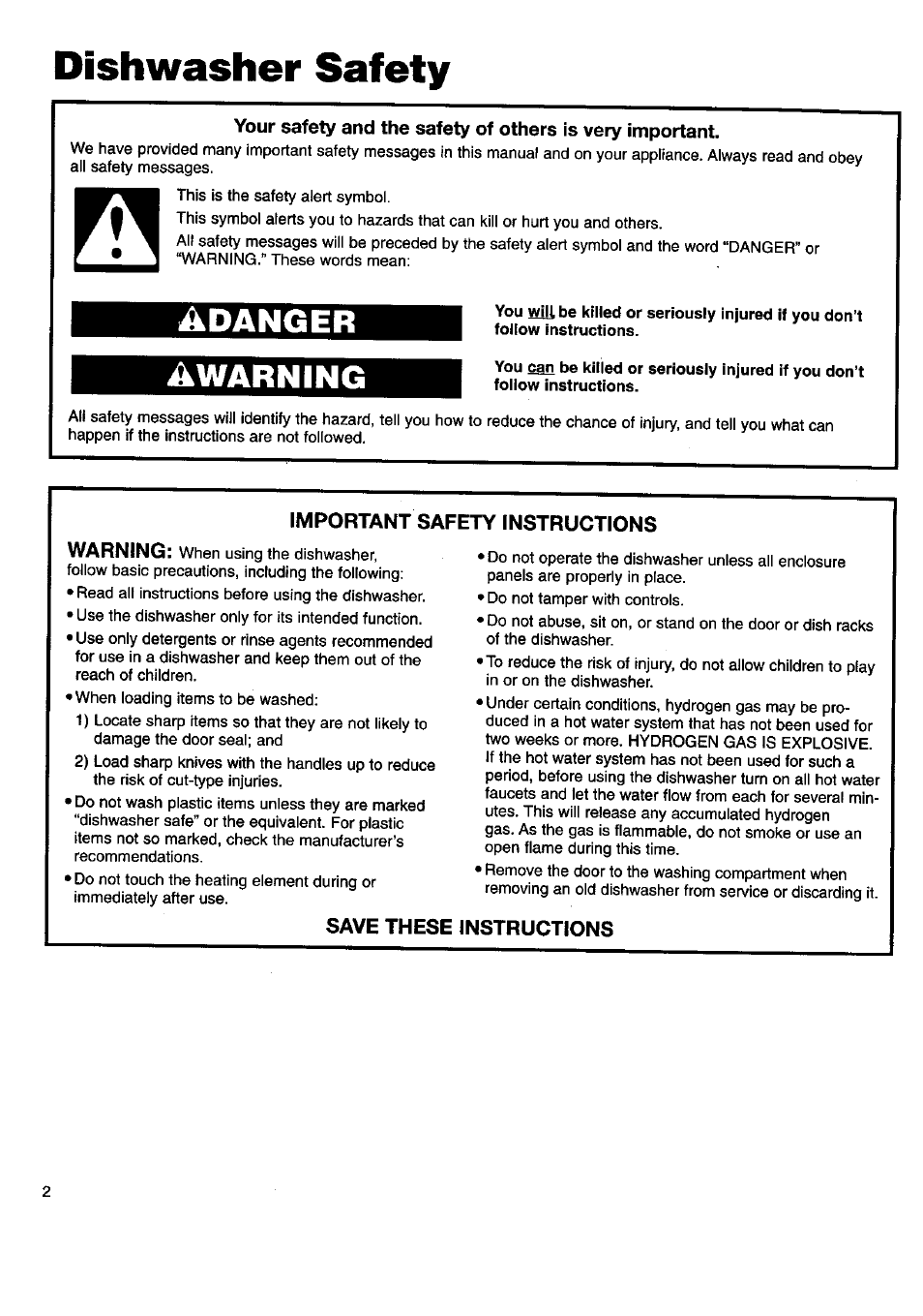 Dishwasher safety, Important safety instructions, Save these instructions | Adanger awarning | Kenmore 15592 User Manual | Page 3 / 22