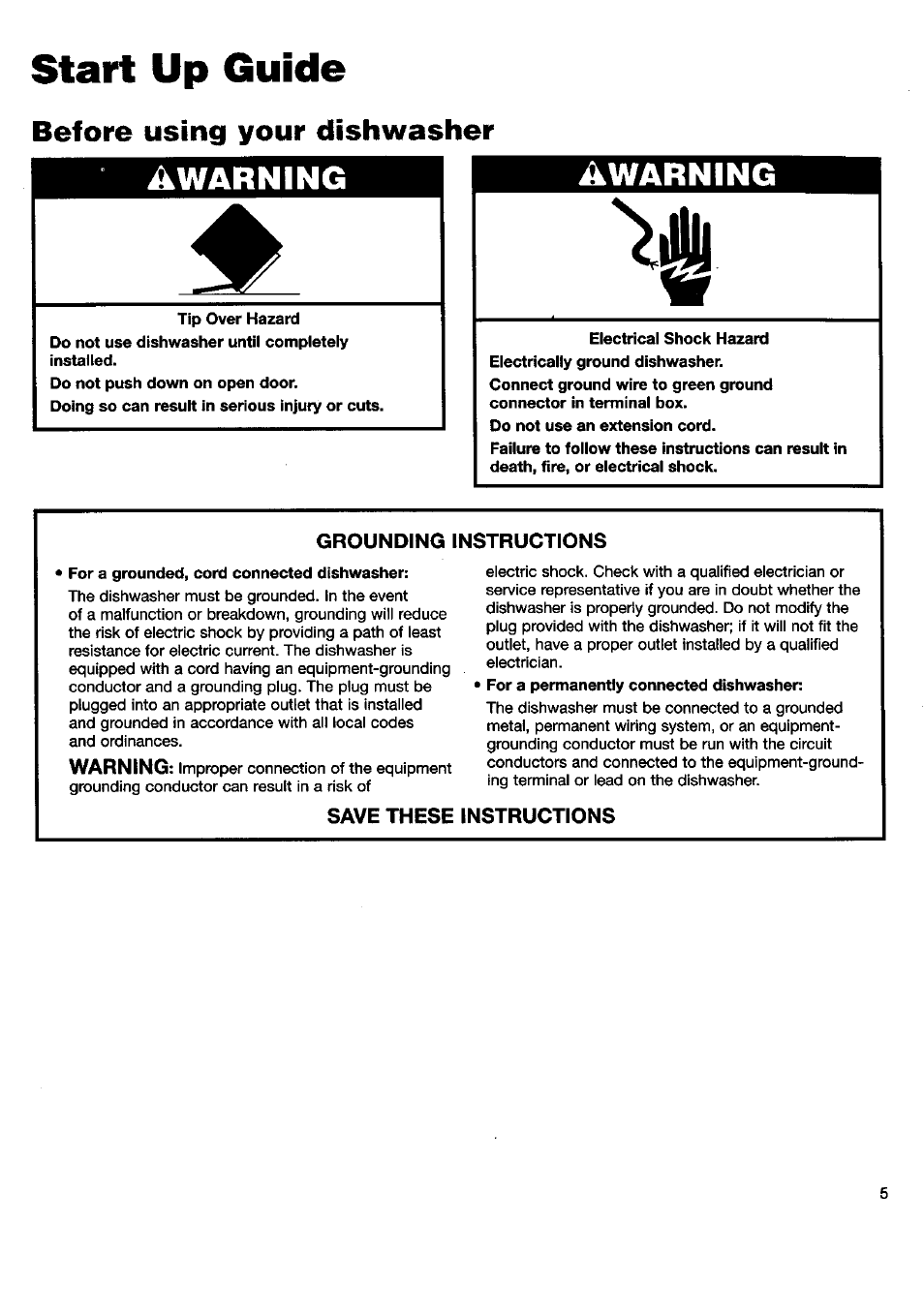 Before using your dishwasher, Start up guide, Awarning | Kenmore 15592 User Manual | Page 6 / 22