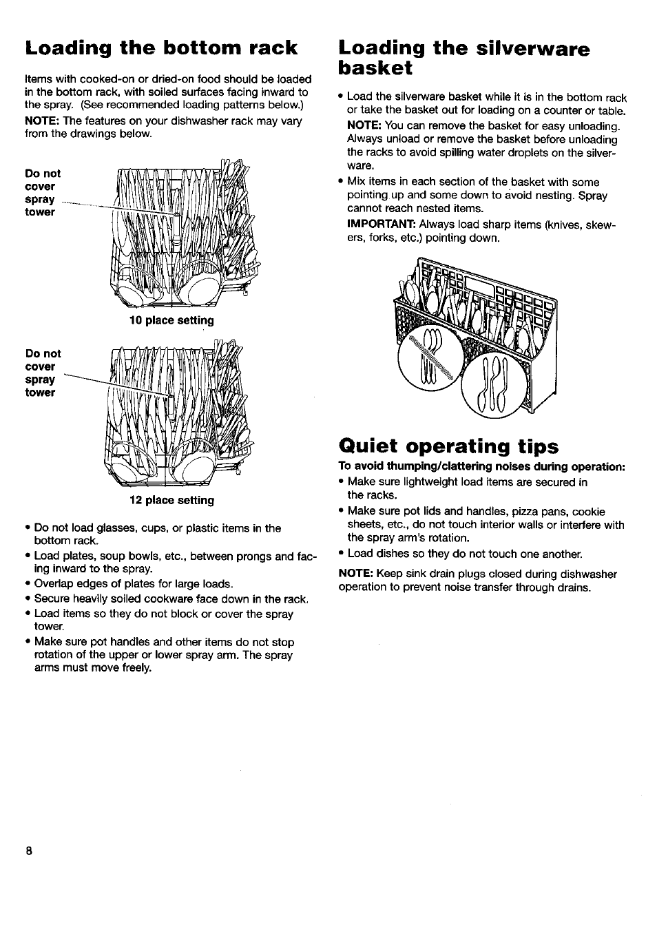 Loading the bottom rack, Loading the silverware basket, Quiet operating tips | Kenmore 15592 User Manual | Page 9 / 22