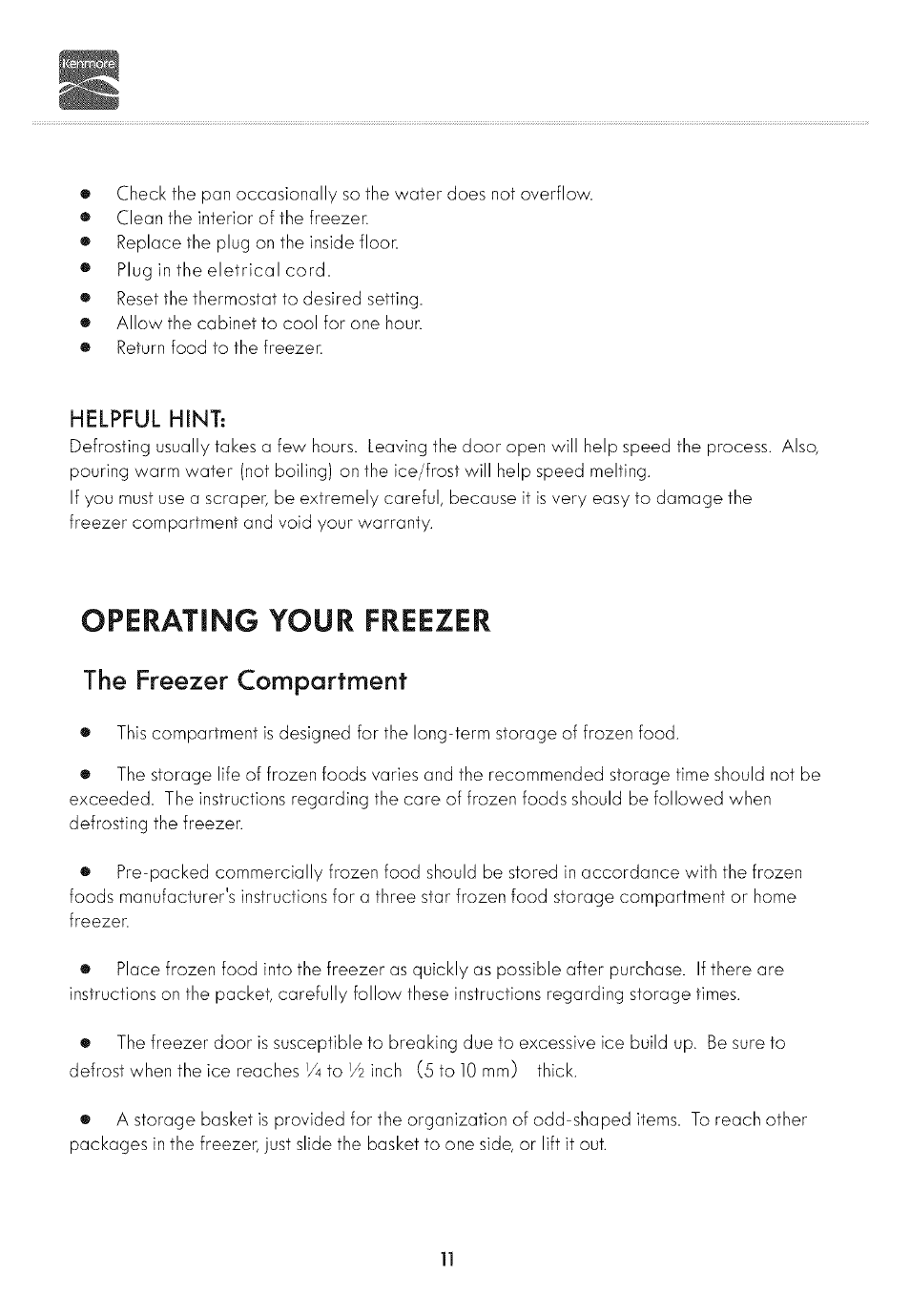 Operating your freezer, Freezer compartment | Kenmore 19502 User Manual | Page 12 / 18