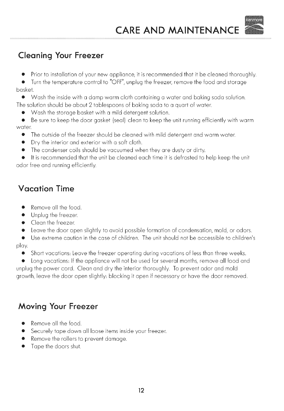 Care and maintenance, Cleaning your freezer, Vacation time | Moving your freezer | Kenmore 19502 User Manual | Page 13 / 18