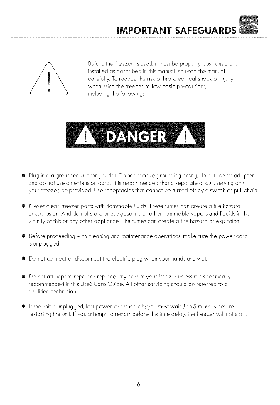 Danger | Kenmore 19502 User Manual | Page 7 / 18