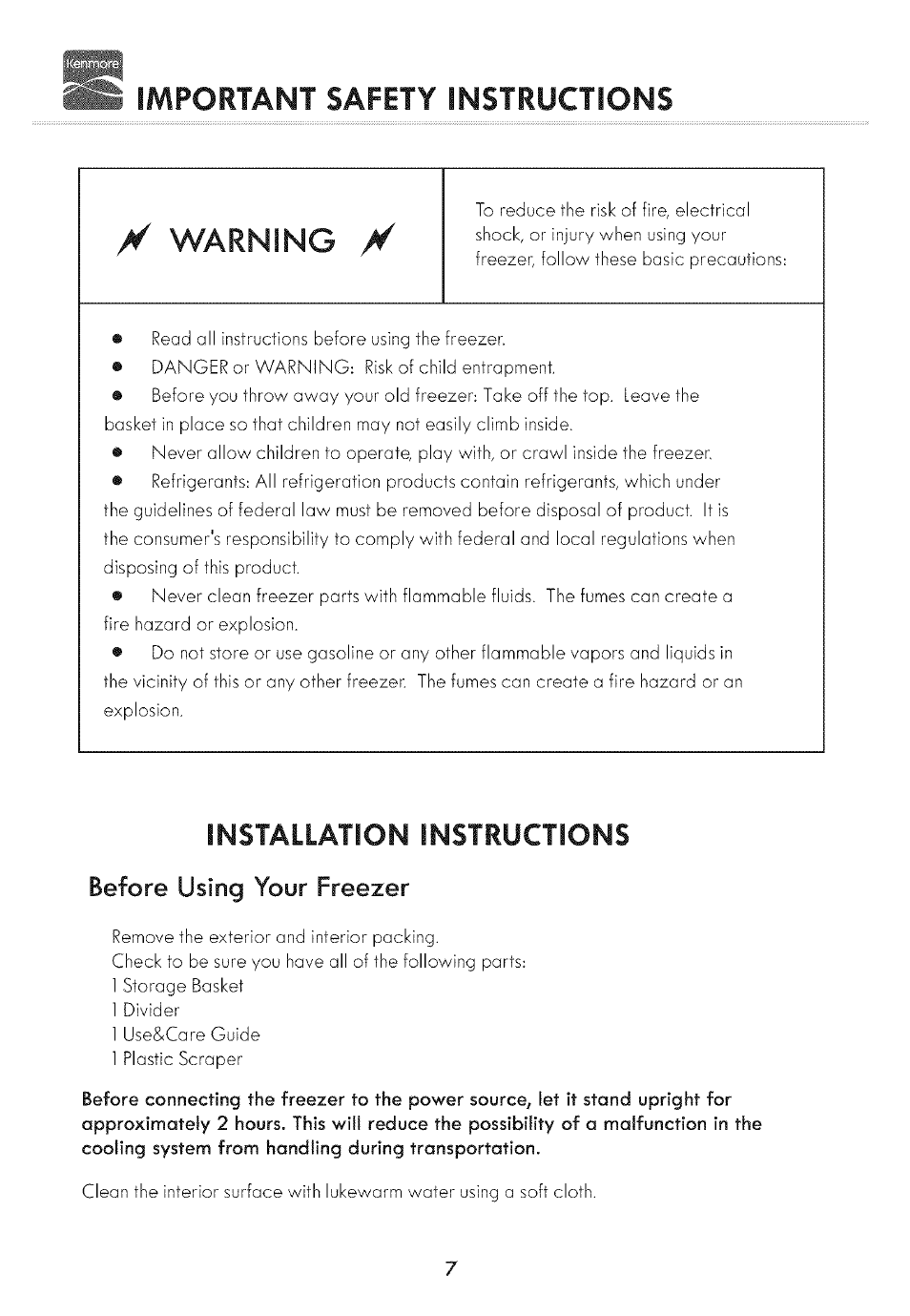 Important safety instructions, Y warning y, Installation instructions | Before using your freezer | Kenmore 19502 User Manual | Page 8 / 18