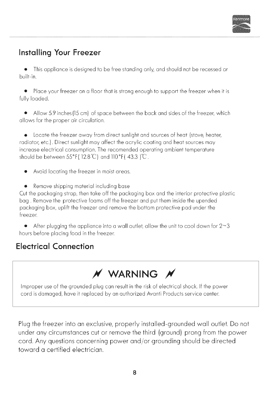 Y warning y, Electrical connection, Installing your freezer | Kenmore 19502 User Manual | Page 9 / 18