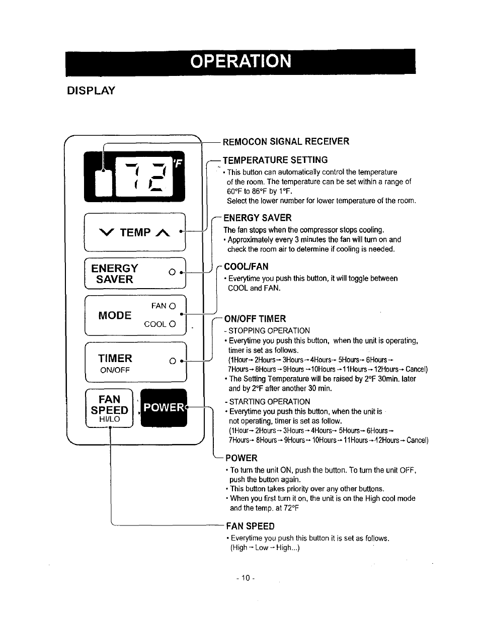 Display, Temp ys, Energy | Saver, Remocon signal receiver, Temperature setting, Energy saver, Cooufan, On/off timer, Power | Kenmore 580.71056 User Manual | Page 10 / 25