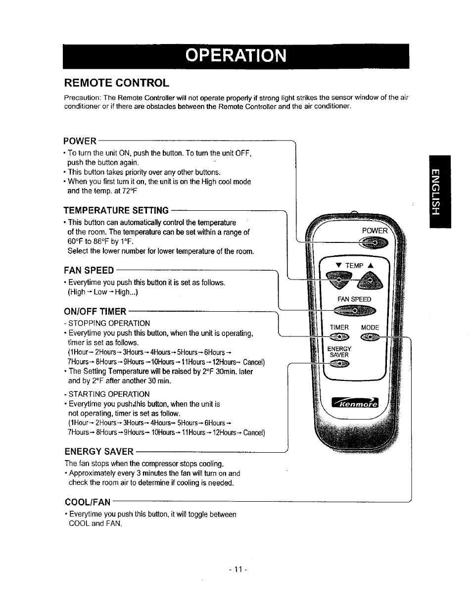 Remote control, Operation, Power | Temperature setting, Fan speed, On/off timer, Energy saver, Cool/fan | Kenmore 580.71056 User Manual | Page 11 / 25