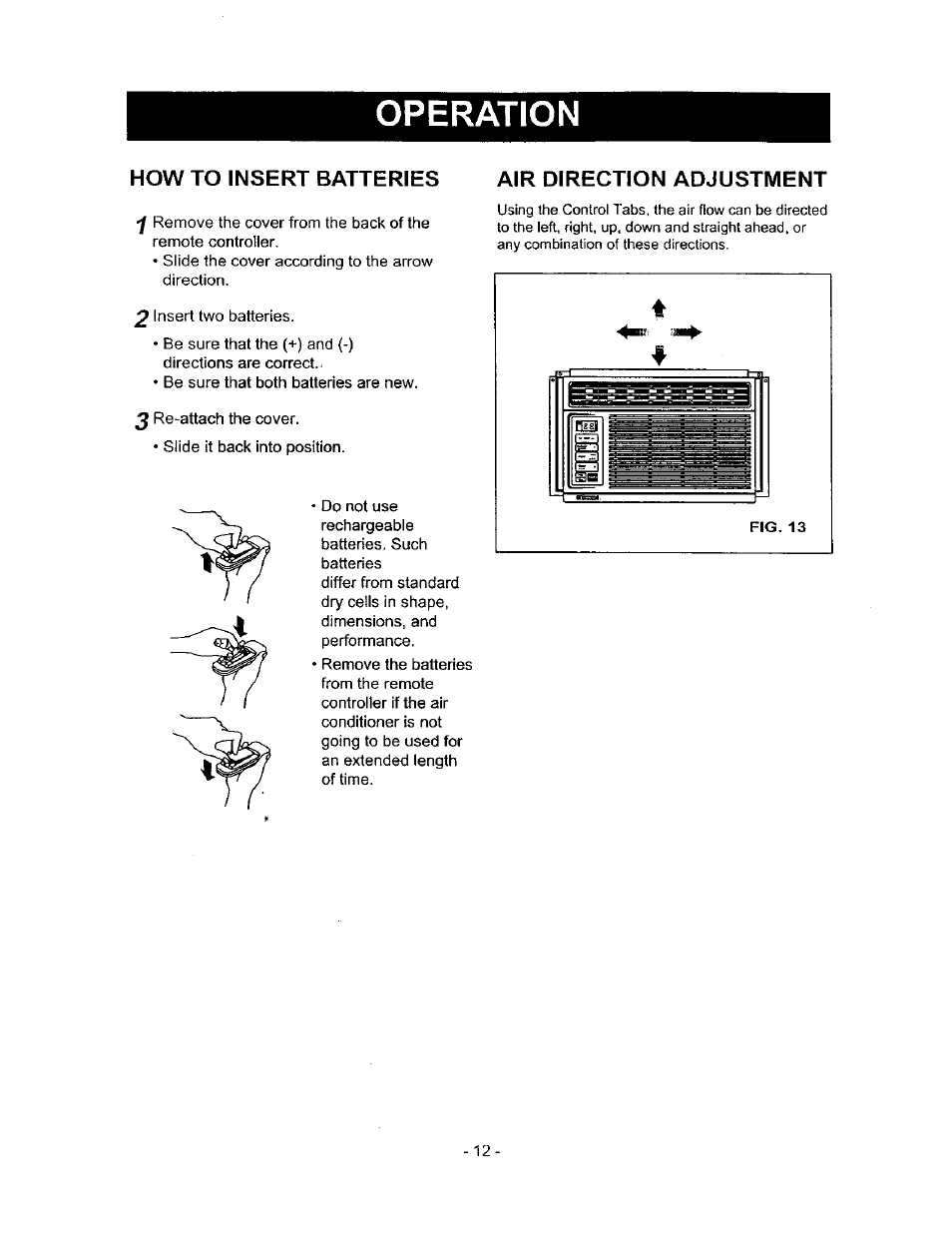 How to insert batteries, Operation, Air direction adjustment | Kenmore 580.71056 User Manual | Page 12 / 25