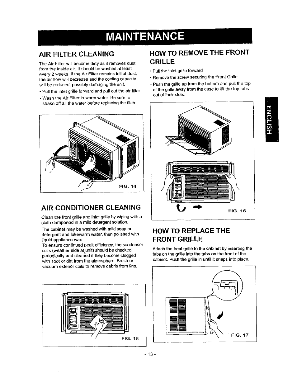 Maintenance, Air filter cleaning, Air conditioner cleaning | How to remove the front grille, How to replace the front grille | Kenmore 580.71056 User Manual | Page 13 / 25