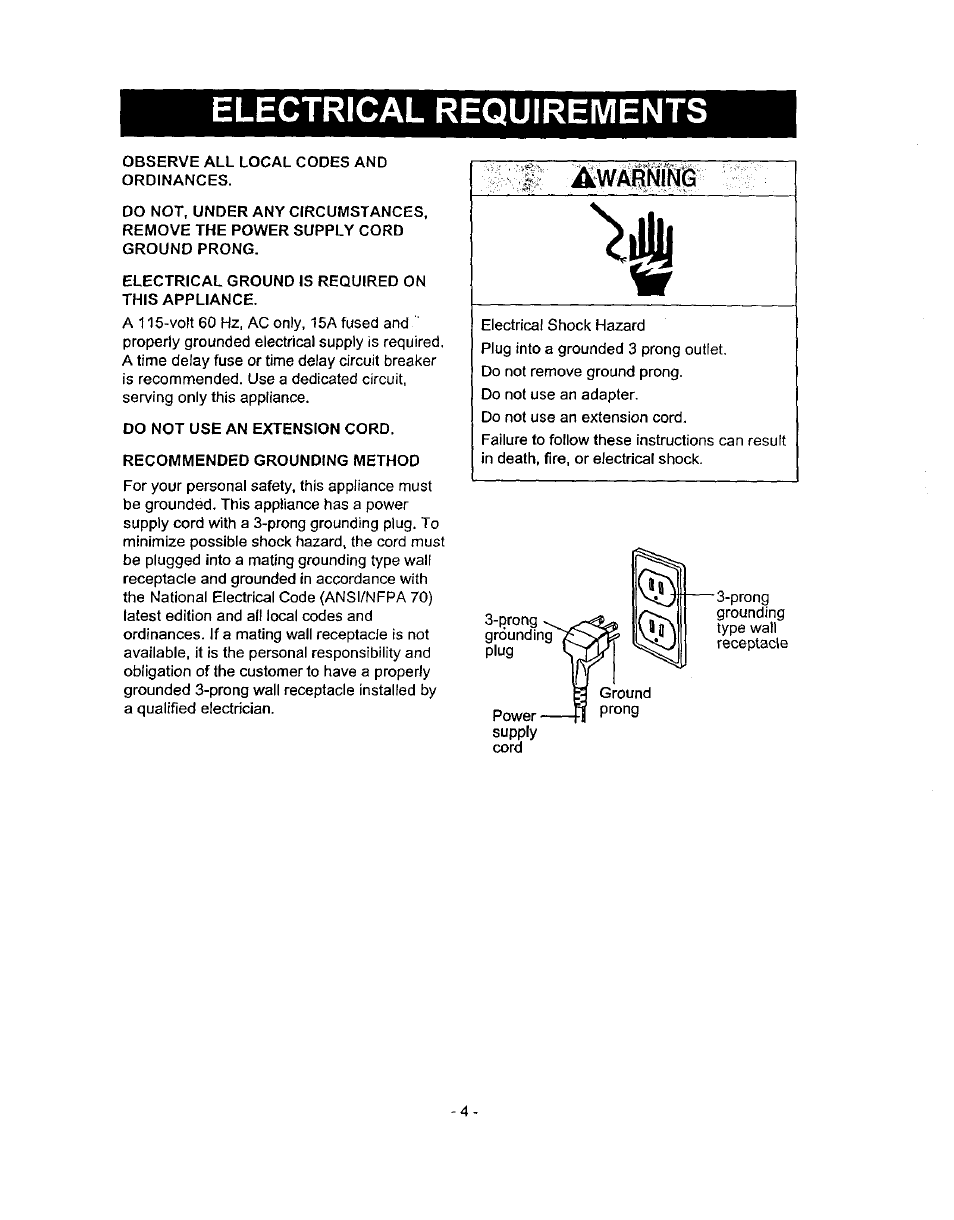 Electrical requirements, Awarninb | Kenmore 580.71056 User Manual | Page 4 / 25