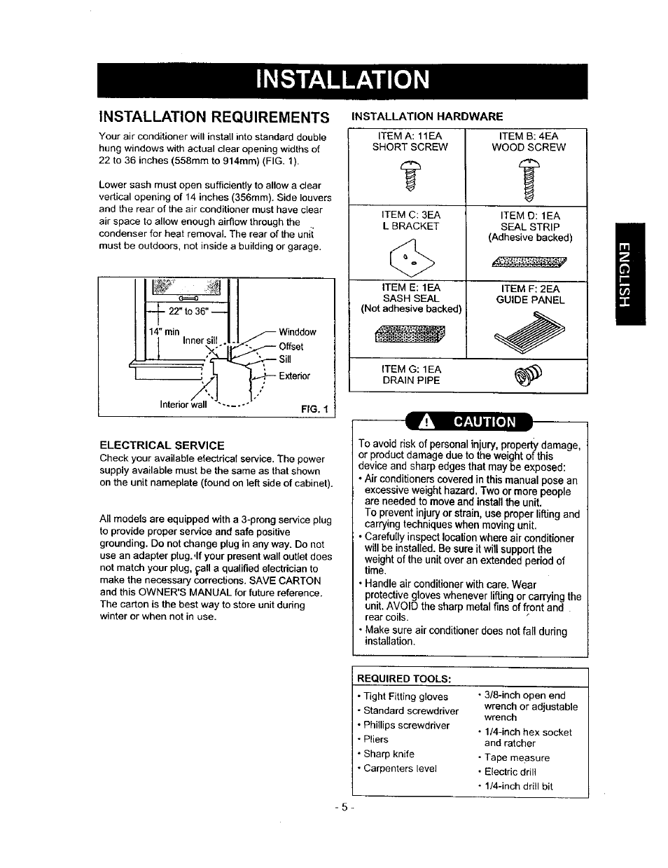 Installation requirements installation hardware, Installation, Installation requirements | A caution | Kenmore 580.71056 User Manual | Page 5 / 25