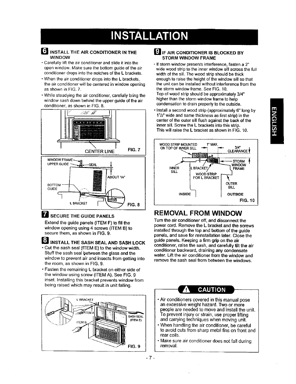 Removal from window, Installation, Caution | Kenmore 580.71056 User Manual | Page 7 / 25