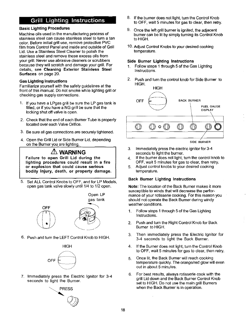 Grill lighting instructions, Warning | Kenmore ELITE 141.1668 User Manual | Page 18 / 38