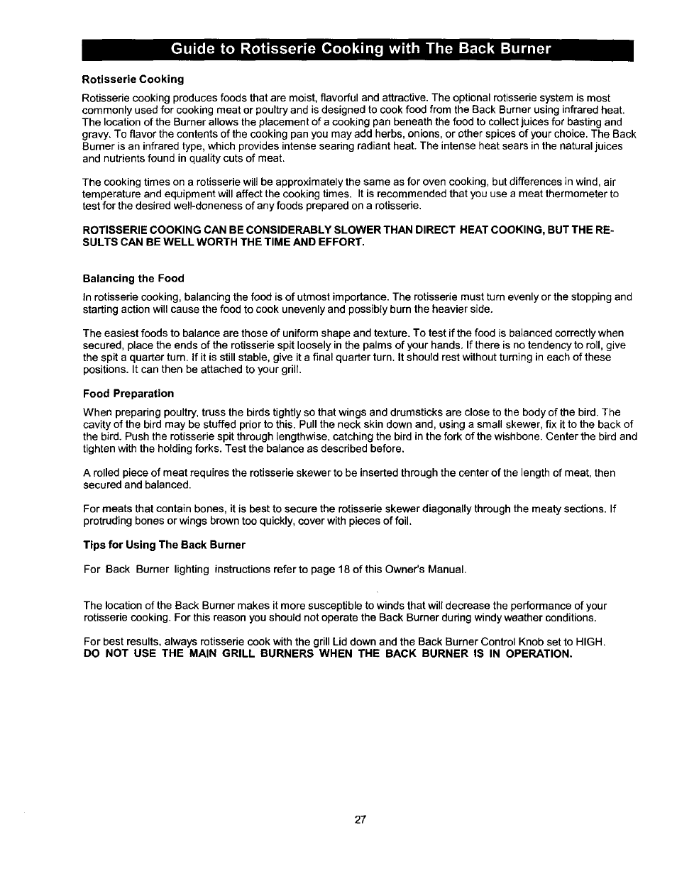 Rôtisserie cooking, Balancing the food, Food preparation | Tips for using the back burner, Guide to rôtisserie cooking with the back burner | Kenmore ELITE 141.1668 User Manual | Page 27 / 38