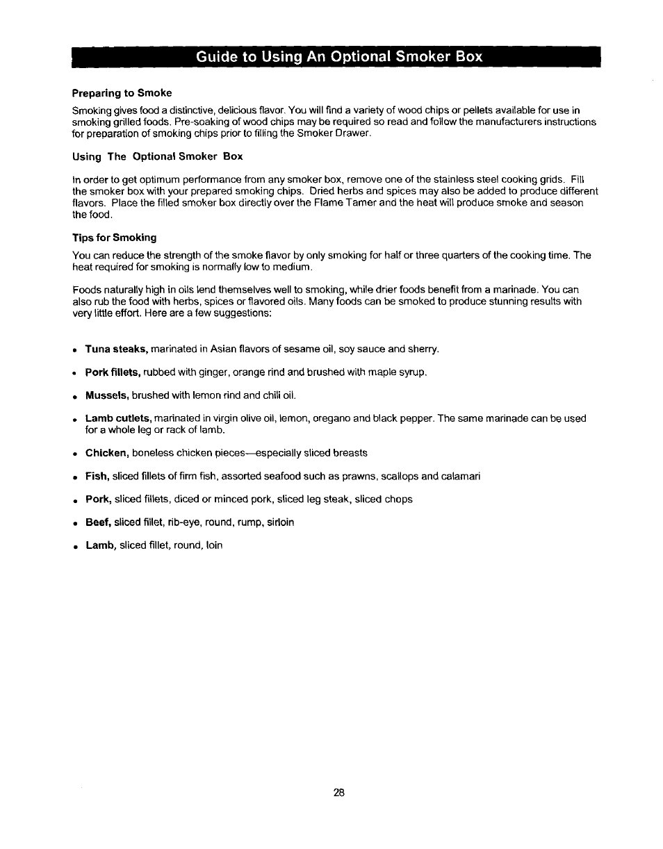 Preparing to smoke, Using the optional smoker box, Tips for smoking | Guide to using an optional smoker box | Kenmore ELITE 141.1668 User Manual | Page 28 / 38