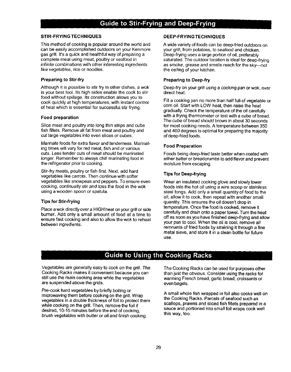 Stir-frying techniques, Preparing to stir-fry, Food preparation | Tips for stir-frying, Deep-fryingtechniques, Preparing to deep-fry, Tips for deep-frying, Guide to stir-frying and deep-frying, Guide to using the cooking racks | Kenmore ELITE 141.1668 User Manual | Page 29 / 38