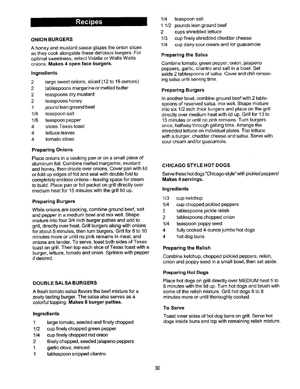 Onion burgers, Preparing onions, Preparing burgers | Double salsa burgers, Ingredients, Preparing the salsa, Chicago style hot dogs, Preparing the relish, Preparing hot dogs, To serve | Kenmore ELITE 141.1668 User Manual | Page 30 / 38